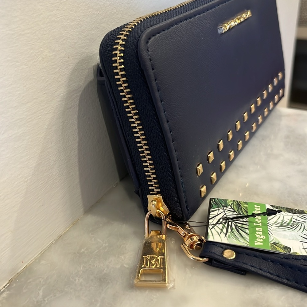 NWT Badgley Mischka Navy Blue Allover Purse Long Wallet Vegan Leather - Picture 3 of 15